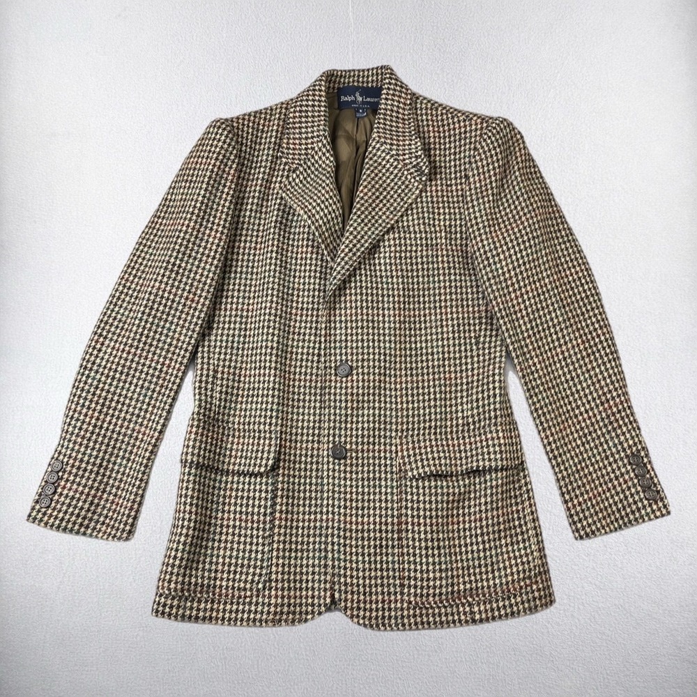 Ralph Lauren Blazer Womens 8 Brown Houndstooth Wool Made in USA Vintage Jacket